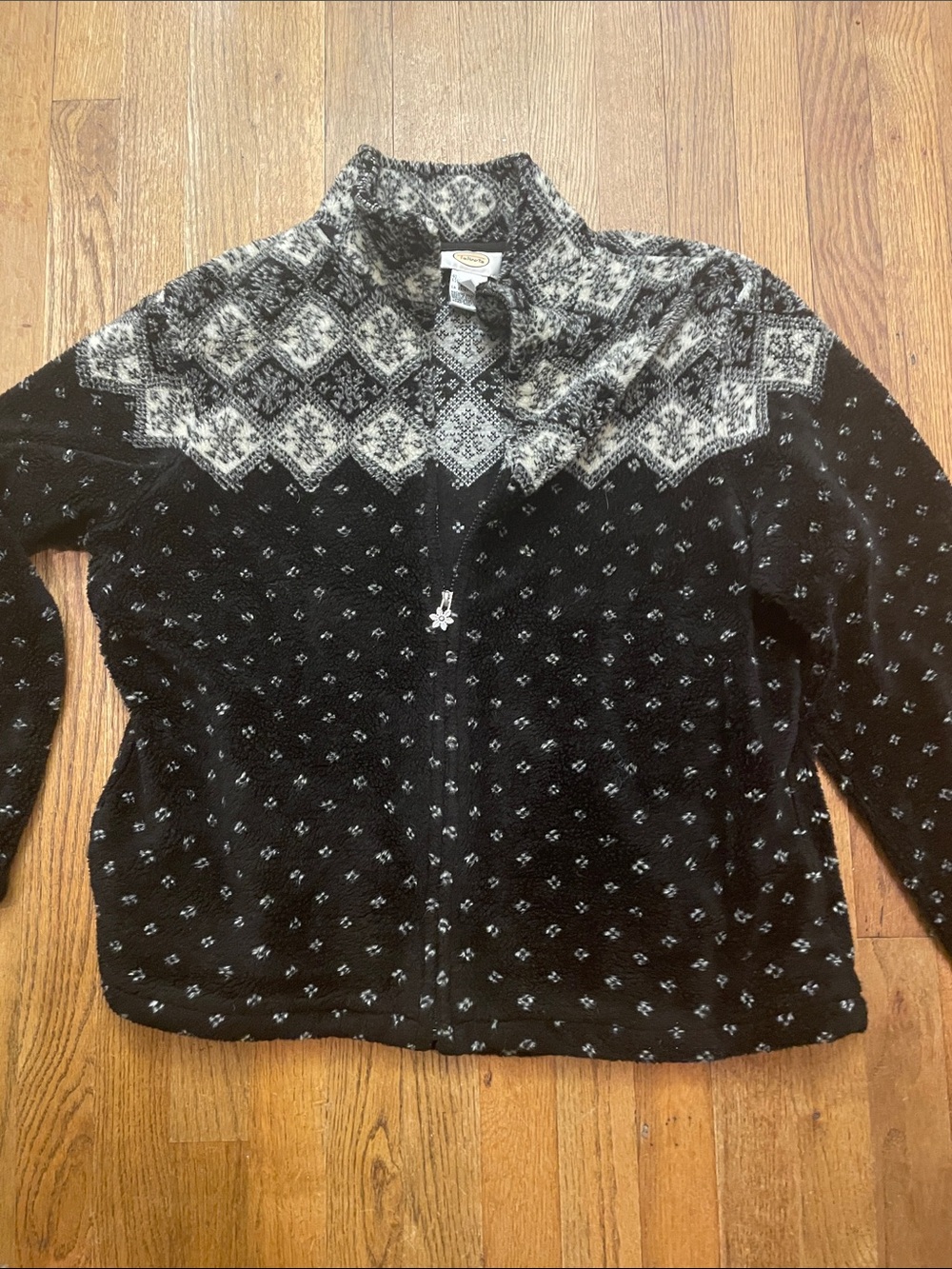Talbots Black and Cream Fair Isle Zip Cardigan